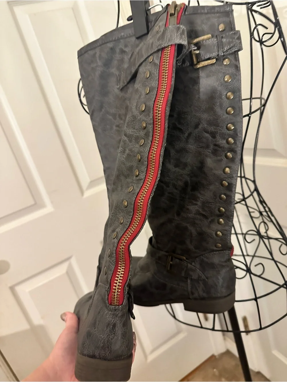 Grey Journee Collection studded knee-high boots buckle & Rivet details